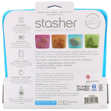 容器, 食物儲存器: Stasher, Reusable Silicone Food Bag, Sandwich Size Medium, Blueberry, 15 fl oz (450 ml)