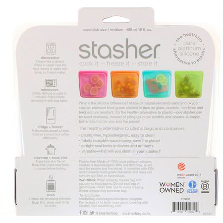 容器, 食物儲存器: Stasher, Reusable Silicone Food Bag, Sandwich Size Medium, Clear, 15 fl oz (450 ml)