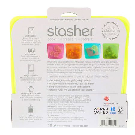 容器, 食物儲藏: Stasher, Reusable Silicone Food Bag, Sandwich Size Medium, Lime, 15 fl oz (450 ml)