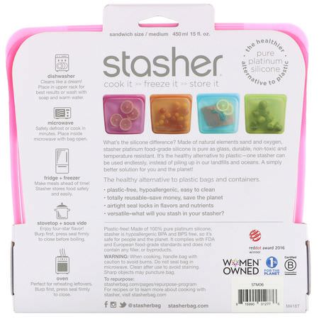 容器, 食物儲存器: Stasher, Reusable Silicone Food Bag, Sandwich Size Medium, Raspberry, 15 fl oz (450 ml)