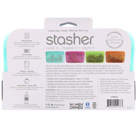 容器, 食物儲藏: Stasher, Reusable Silicone Food Bag, Snack Size Small, Aqua, 9.9 fl oz (293.5 ml)