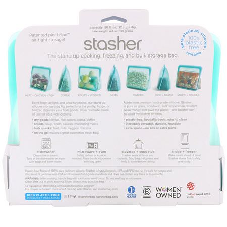 容器, 食物儲存器: Stasher, Reusable Silicone Food Bag, Stand Up Bag, Aqua, 56 fl oz (128 g)