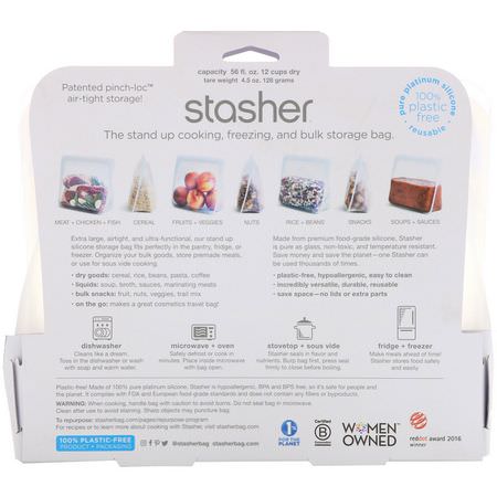容器, 食物儲存器: Stasher, Reusable Silicone Food Bag, Stand Up Bag, Clear, 56 fl. oz. (128 g)