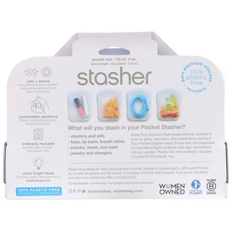 容器, 食物儲存器: Stasher, Reusable Silicone Pocket, Clear & Aqua, 2 Pack, 4 oz (42 g) Each