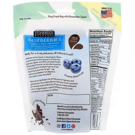 糖果, 巧克力: Stoneridge Orchards, Blueberries, Dipped in Dark Chocolate, 5 oz (142 g)