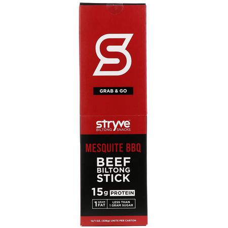 肉類零食, 生澀: Stryve Foods, Beef Biltong Stick, Mesquite BBQ, 12 Sticks, 1 oz (28 g) Each