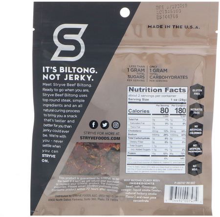 肉類零食, 生澀: Stryve Foods, Protein Snacks, Beef Biltong, Smoked, 2.25 oz (64 g)