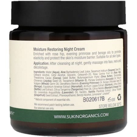 夜間保濕霜, 乳霜: Sukin, Moisture Restoring Night Cream, 4.06 fl oz (120 ml)