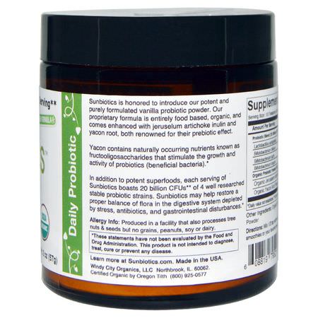 益生菌, 消化: Sunbiotics, Potent Probiotics with Organic Prebiotics Powder, Vanilla, 2 oz (57 g)