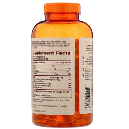 Omega-3魚油, EPA DHA: Sundown Naturals, Fish Oil, 1,200 mg, 300 Softgels