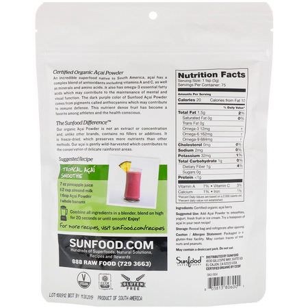 Acai, 超級食品: Sunfood, Organic Acai Powder, 8 oz (227 g)