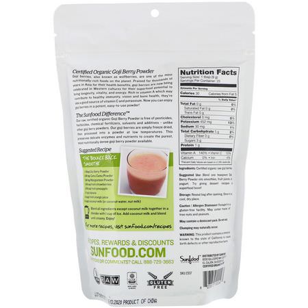 果汁, 枸杞粉: Sunfood, Raw Organic Goji Berry Powder, 8 oz (227 g)