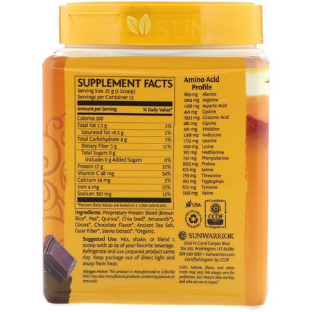 植物性, 植物性蛋白: Sunwarrior, Classic Plus Protein, Organic Plant Based, Chocolate, 13.2 oz (375 g)