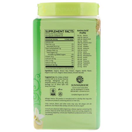 大米蛋白, 植物性蛋白: Sunwarrior, Classic Protein, Organic Plant-Based, Vanilla, 1.65 lb (750 g)