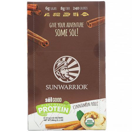 基於植物的蛋白質棒, 蛋白質棒: Sunwarrior, Sol Good, Plant-Based Protein Bars, Cinnamon Roll, 12 Bars, 2.01 oz (57 g) Each