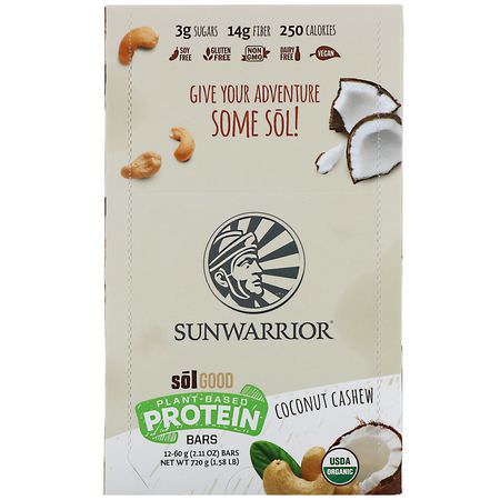 基於植物的蛋白質棒, 蛋白棒: Sunwarrior, Sol Good, Plant-Based Protein Bars, Coconut Cashew, 12 Bars, 2.11 oz (60 g) Each