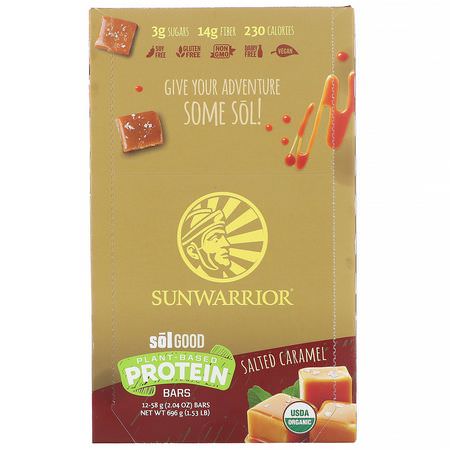 基於植物的蛋白質棒, 蛋白質棒: Sunwarrior, Sol Good, Plant-Based Protein Bars, Salted Caramel, 12 Bars, 2.04 oz (58 g) Each