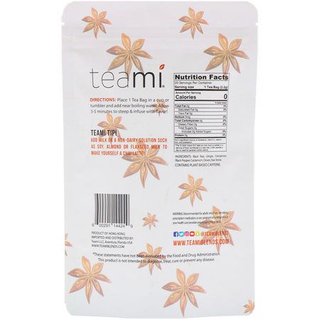 柴茶: Teami, Chai Tea Blend, 20 Tea Bags, 1.5 oz (44 g)