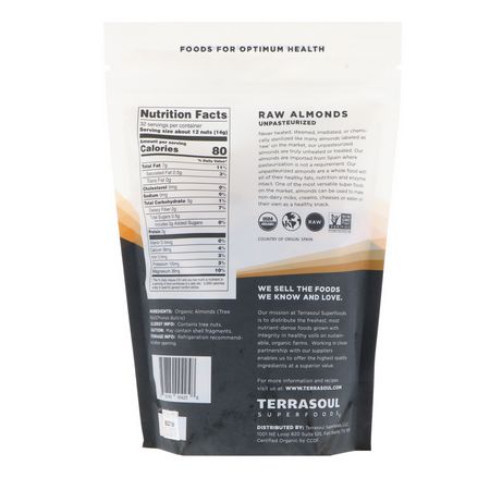 杏仁, 種子: Terrasoul Superfoods, Raw Whole Almonds, Unpasteurized, 16 oz (454 g)