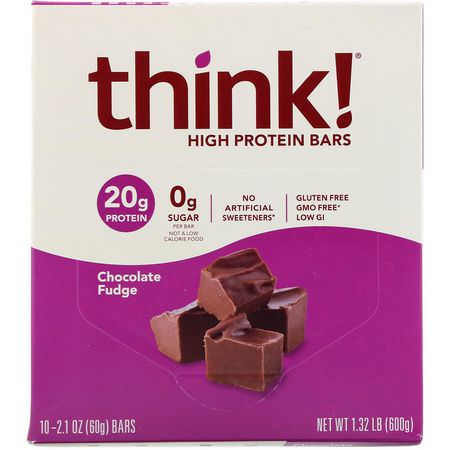 乳清蛋白棒, 大豆蛋白棒: ThinkThin, High Protein Bars, Chocolate Fudge, 10 Bars, 2.1 oz (60 g) Each