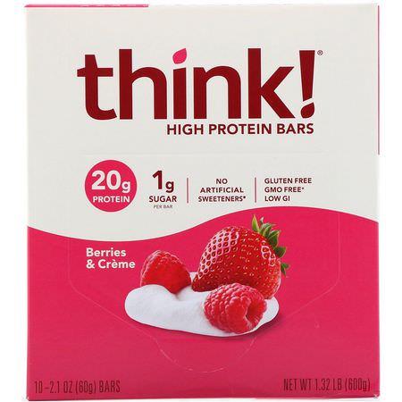 蛋白棒, 布朗尼蛋糕: ThinkThin, High Protein Bars, Berries & Creme, 10 Bars, 2.1 oz (60 g) Each