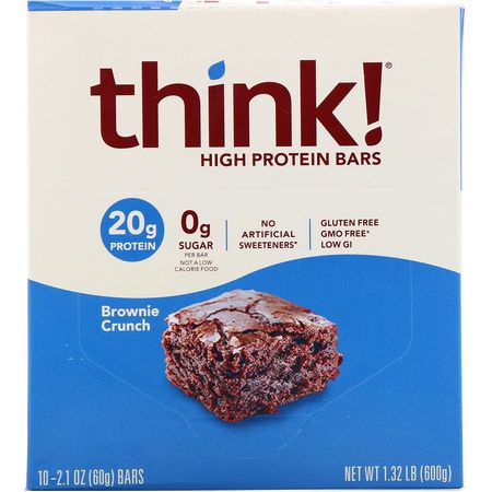 乳清蛋白棒, 大豆蛋白棒: ThinkThin, High Protein Bars, Brownie Crunch, 10 Bars, 2.1 oz (60 g) Each