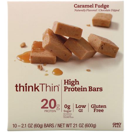 乳清蛋白棒, 大豆蛋白棒: ThinkThin, High Protein Bars, Caramel Fudge, 10 Bars, 2.1 oz (60 g) Each