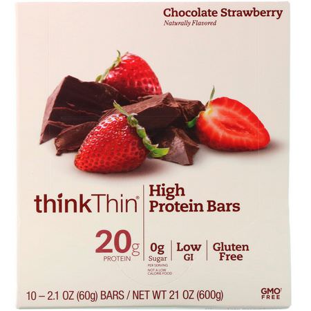 乳清蛋白棒, 大豆蛋白棒: ThinkThin, High Protein Bars, Chocolate Strawberry, 10 Bars, 2.1 oz (60 g) Each
