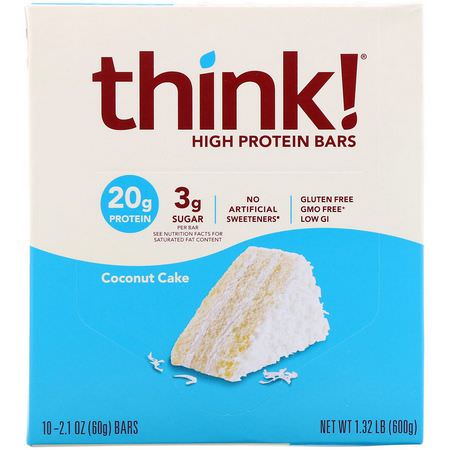 蛋白棒, 布朗尼蛋糕: ThinkThin, High Protein Bars, Coconut Cake, 10 Bars, 2.1 oz (60 g) Each