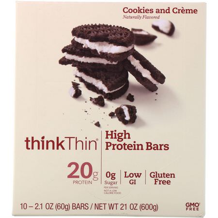 乳清蛋白棒, 大豆蛋白棒: ThinkThin, High Protein Bars, Cookies and Cream, 10 Bars, 2.1 oz (60 g) Each