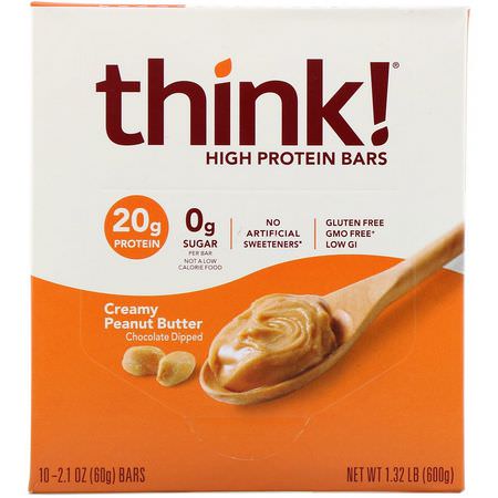 乳清蛋白棒, 大豆蛋白棒: ThinkThin, High Protein Bars, Creamy Peanut Butter, 10 Bars, 2.1 oz (60 g) Each