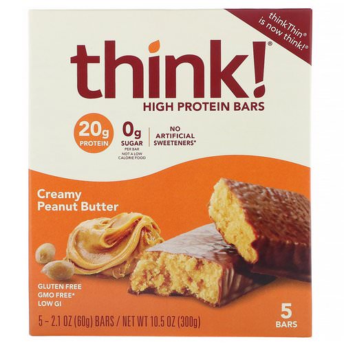 ThinkThin, High Protein Bars, Creamy Peanut Butter, 5 Bars, 2.1 oz (60 g) Each Review
