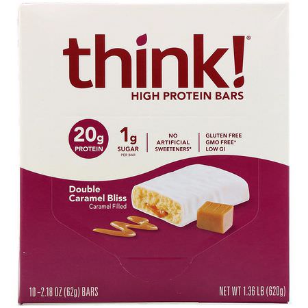 蛋白棒, 布朗尼蛋糕: ThinkThin, High Protein Bars, Double Caramel Bliss, 10 Bars, 2.18 oz (62 g) Each