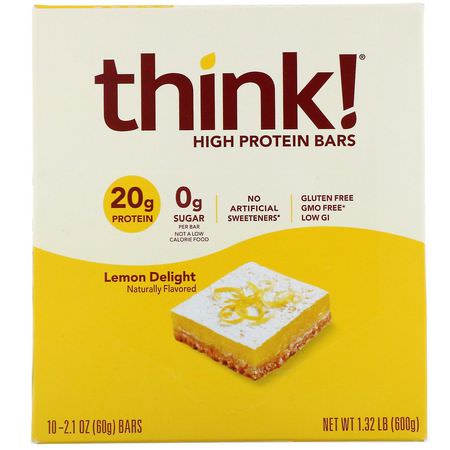 大豆蛋白棒, 乳清蛋白棒: ThinkThin, High Protein Bars, Lemon Delight, 10 Bars, 2.1 oz (60 g) Each