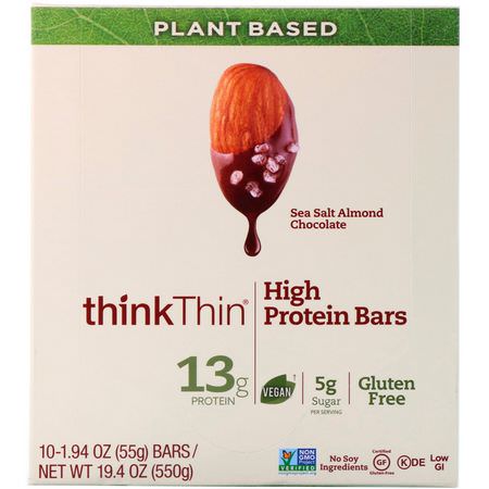基於植物的蛋白質棒, 蛋白棒: ThinkThin, High Protein Bars, Sea Salt Almond Chocolate, 10 Bars, 1.94 oz (55 g) Each