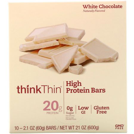 乳清蛋白棒, 大豆蛋白棒: ThinkThin, High Protein Bars, White Chocolate, 10 Bars, 2.1 oz (60 g) Each