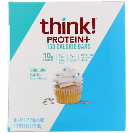 大豆蛋白棒, 乳清蛋白棒: ThinkThin, Protein+ 150 Calorie Bars, Cupcake Batter, 10 Bars, 1.41 oz (40 g) Each