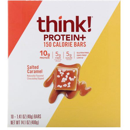 大豆蛋白棒, 乳清蛋白棒: ThinkThin, Protein+ 150 Calorie Bars, Salted Caramel, 10 Bars, 1.41 oz (40 g) Each