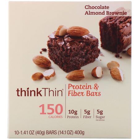 乳清蛋白棒, 大豆蛋白棒: ThinkThin, Protein & Fiber Bars, Chocolate Almond Brownie, 10 Bars, 1.41 oz (40 g) Each