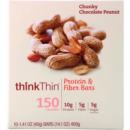 乳清蛋白棒, 大豆蛋白棒: ThinkThin, Protein & Fiber Bars, Chunky Chocolate Peanut, 10 Bars, 1.41 oz (40 g) Each