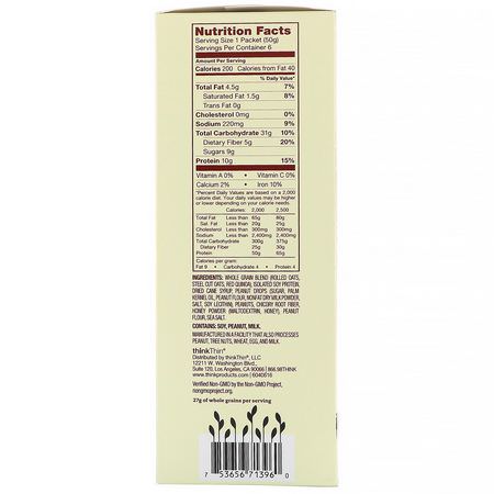 燕麥片, 燕麥: ThinkThin, Protein & Fiber Hot Oatmeal, Honey Peanut Butter, 6 Packets, 1.76 oz (50 g ) Each