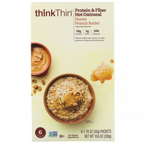 ThinkThin, Protein & Fiber Hot Oatmeal, Honey Peanut Butter, 6 Packets, 1.76 oz (50 g ) Each Review