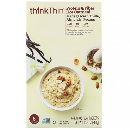 ThinkThin, Protein & Fiber Hot Oatmeal, Madagascar Vanilla, Almonds, Pecans, 6 Packets, 1.76 oz (50 g ) Each Review