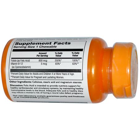 葉酸, 維生素B: Thompson, Folic Acid, Plus B-12, 800 mcg, 30 Tablets