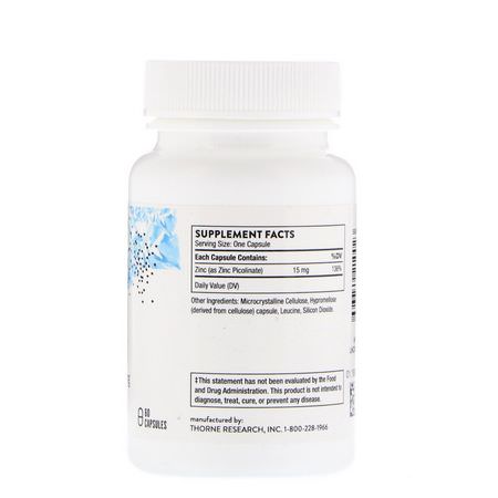 流感, 咳嗽: Thorne Research, Zinc Picolinate, 15 mg, 60 Capsules
