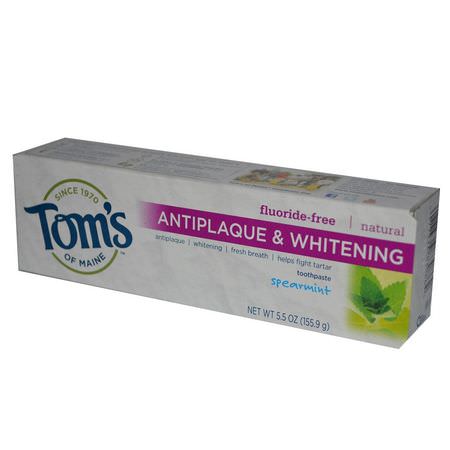 美白, 無氟: Tom's of Maine, Antiplaque & Whitening, Fluoride-Free Toothpaste, Spearmint, 5.5 oz (155.9 g)