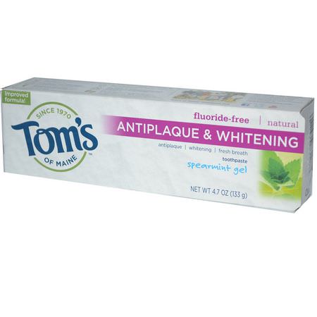 美白, 無氟: Tom's of Maine, Antiplaque & Whitening, Fluoride-Free Toothpaste, Spearmint Gel, 4.7 oz (133 g)
