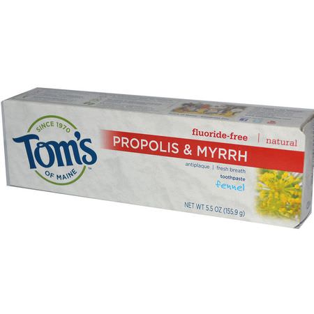 無氟化物, 牙膏: Tom's of Maine, Natural Antiplaque, Propolis & Myrrh Toothpaste, Fluoride-Free, Fennel, 5.5 oz (155.9 g)