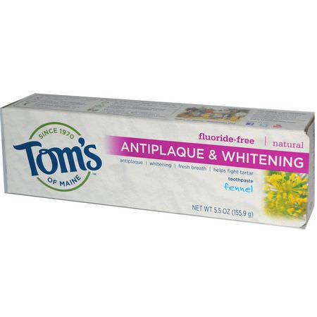 美白, 無氟: Tom's of Maine, Natural Antiplaque & Whitening Toothpaste, Fluoride-Free, Fennel, 5.5 oz (155.9 g)