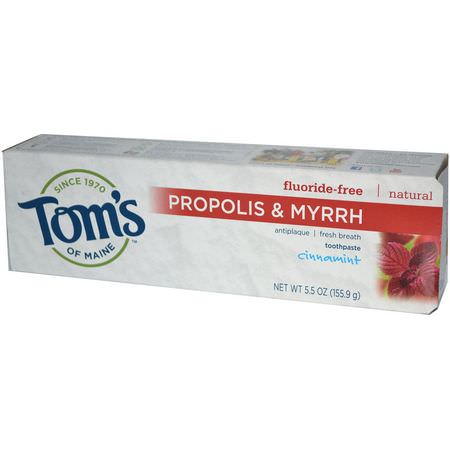 無氟化物, 牙膏: Tom's of Maine, Propolis & Myrrh, Fluoride-Free Toothpaste, Cinnamint, 5.5 oz (155.9 g)
